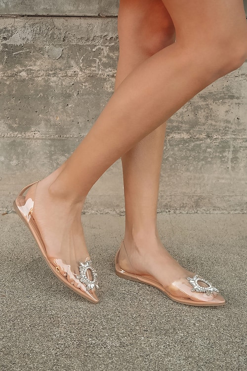 Myral Light Nude Rhinestone Pointed-Toe Flats | Lulus (US)
