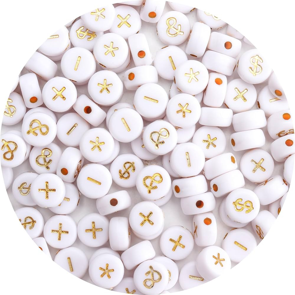 100Pcs Letter Beads - 4x7mm White Round Acrylic Gold Alphabet & Math Symbols for Jewelry Making D... | Amazon (US)