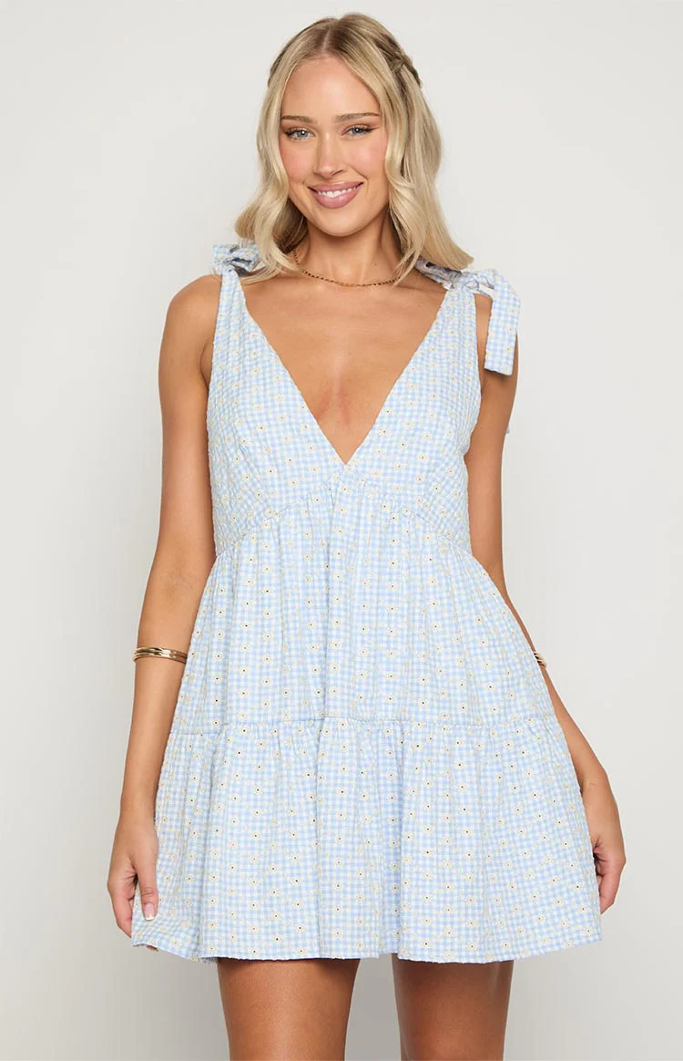 Angel Girl Blue Gingham Floral Mini Dress | Beginning Boutique (US)