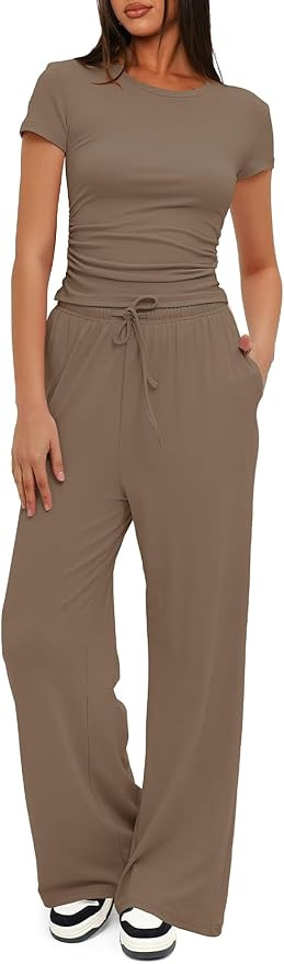 Darong Women's 2 Piece Outfits Lounge Sets Ruched Short Sleeve Tops and High Waisted Wide Leg Pan... | Amazon (US)