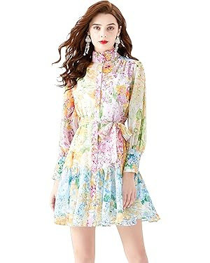 LAI MENG FIVE CATS Women's Floral Print Lantern Sleeve Ruffle Casual Button Belted Thin Loose Fit... | Amazon (US)