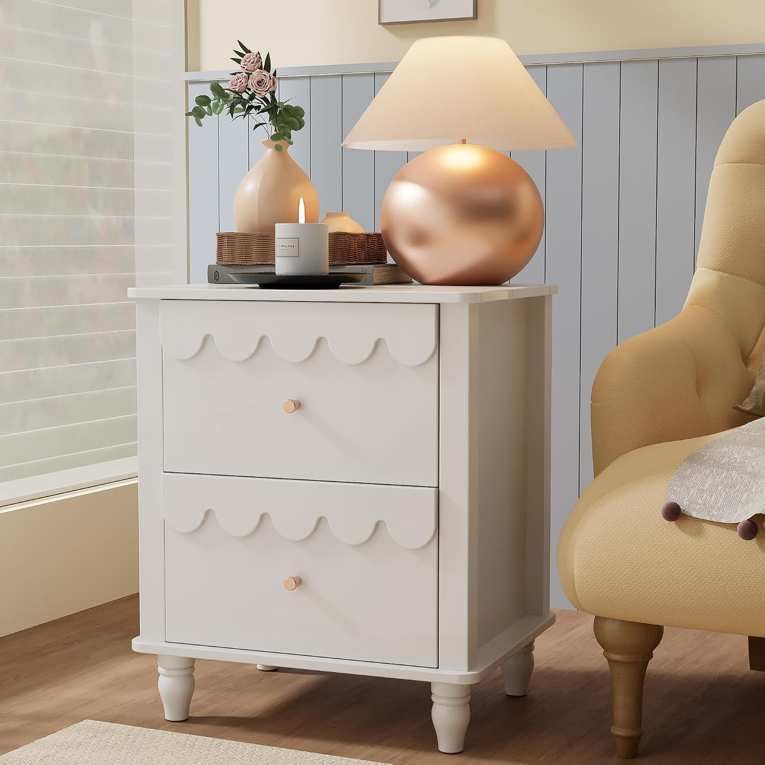 White Scalloped Nightstand Side End Table with 2 Drawers & Solid Wood Legs | Amazon (US)