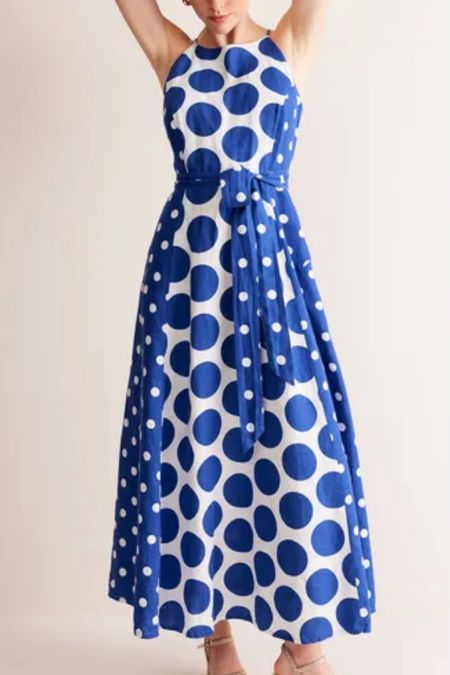 Polka dot belted linen halter maxi dress, vacation dress 

#LTKOver40 #LTKSeasonal