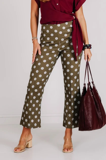 Cafe Today Mocha Polka Dot Stretch Flare Crop Pant | The Willow Tree