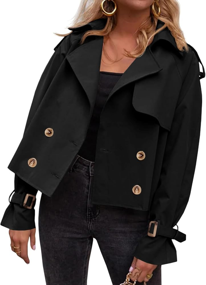 Tankaneo Womens Cropped Trench Coat Double Breasted Lapel Long Sleeve Short Jacket Fashion Outerw... | Amazon (US)
