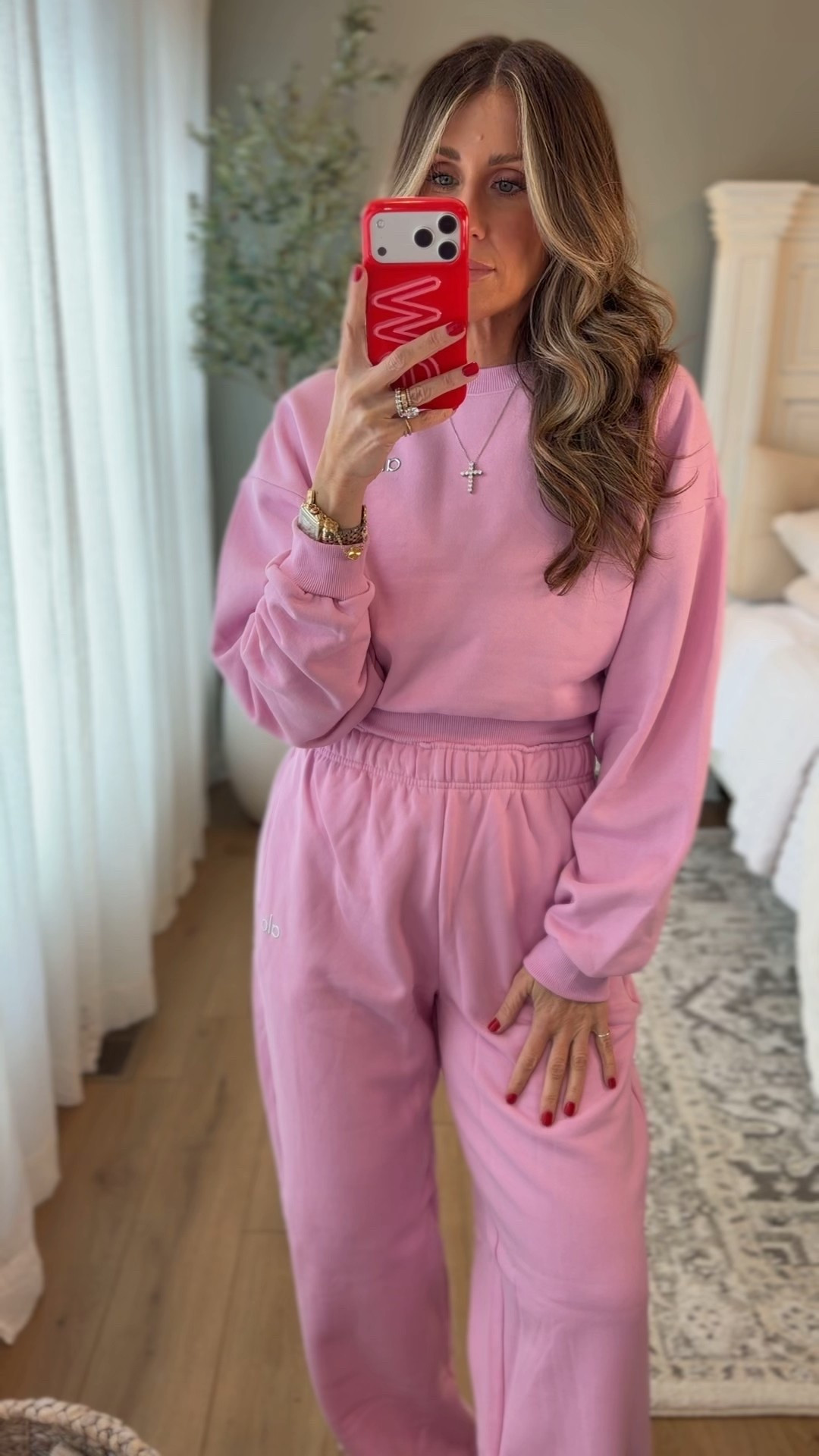 This pink color is even prettier in person. It is so comfy. I wear a size medium in both top and bottom. The pants are supposed to be oversized but if you want them more fitted, go ahead and size down one.

#LTKOver40 #LTKMidsize #LTKValentine