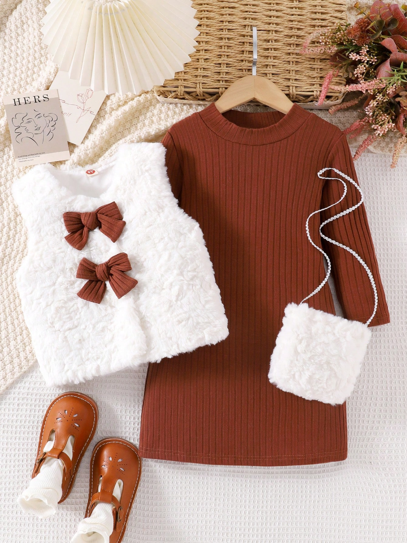 2pcs Young Girl Velvet Bow Decor Gilet Jacket And Long Sleeve Dress Set, Spring/Fall | SHEIN