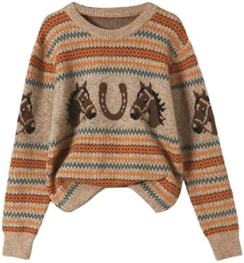 MakeMeChic Women's Grandpa Sweaters Vintage Pullover Crew Neck Long Sleeve Grunge Fall Sweater | Amazon (US)