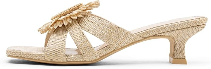 Vepose Women's Woven Raffia Boho Floral Kitten Heeled Sandals, 2 Inch Flared Low Heel Slip On Mul... | Amazon (US)