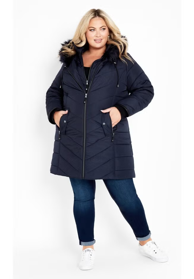 Chevron Faux Fur Hood Long Puffer Coat | Avenue