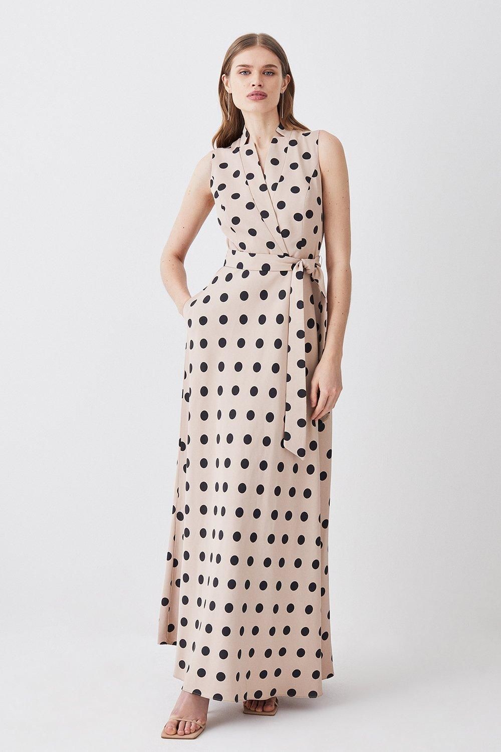 Tall Polka Dot Linen Wrap Tie Waisted Midi Dress | Karen Millen UK + IE + DE + NL