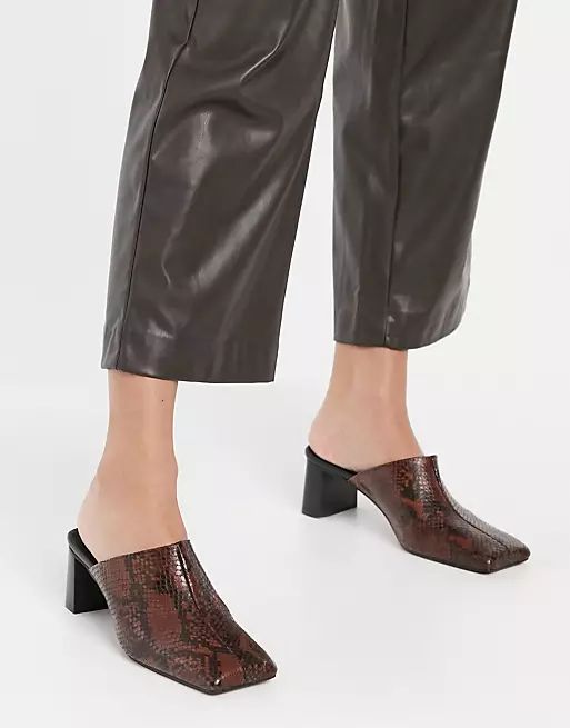 ASOS DESIGN Surreal premium leather mid heeled mules in snake | ASOS (Global)
