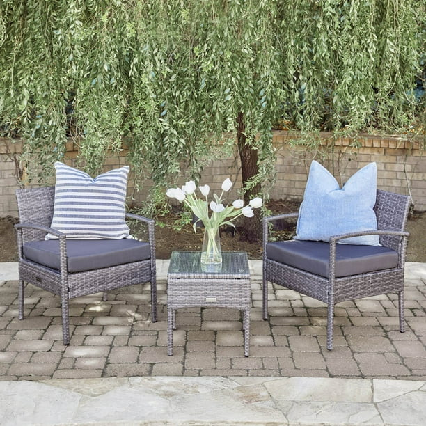 BELLEZE Wickered Furniture Outdoor Set 3 Piece Patio Outdoor Rattan Patio Set Two Chairs One Glas... | Walmart (US)