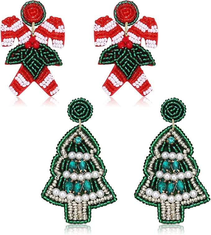 NLCAC 2 Pairs Christmas Earrings Beaded Christmas Tree Reindeer Cane Snowflake Dangle Earrings Xm... | Amazon (US)