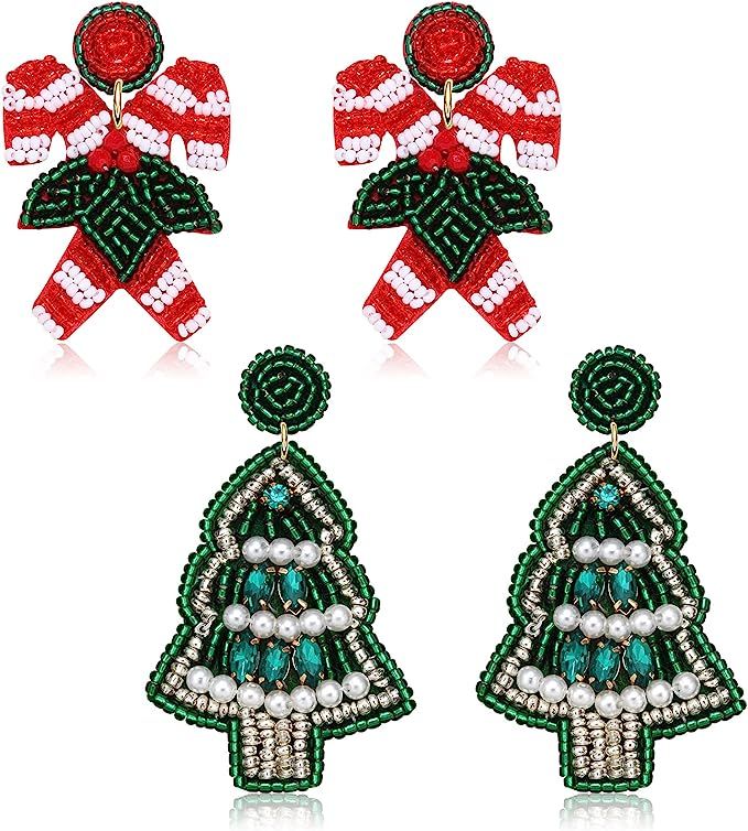 NLCAC 2 Pairs Christmas Earrings Beaded Christmas Tree Reindeer Cane Snowflake Dangle Earrings Xm... | Amazon (US)