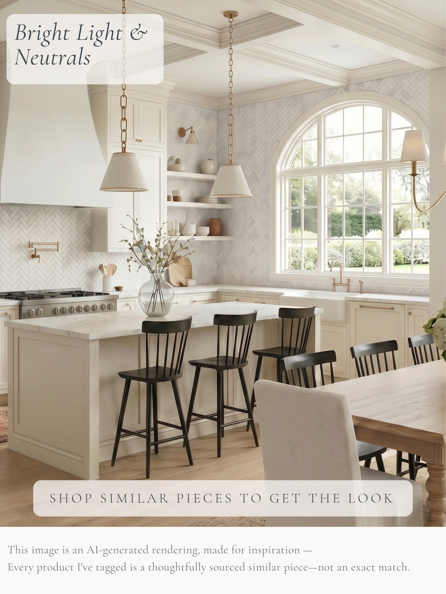 A bright neutral kitchen doesn’t have to feel boring. 🤍 I love how the creamy cabinetry, warm wood floors, marble, and brass are grounded by those black counter stools. The oversized arched window and layers of subtle texture keep the whole space feeling light, warm, and timeless.

I’ve tagged thoughtfully sourced similar pieces inspired by this kitchen so you can get the look at home.

AI-generated design concept for inspiration • Tagged products are thoughtfully sourced similar pieces, not exact matches • Affiliate links may be used. As an Amazon Associate, I earn from qualifying purchases.

#LTKHome