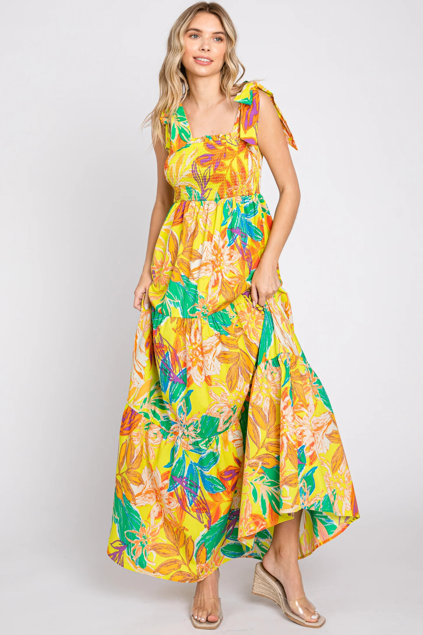 Yellow Tropical Print Smocked Tie Sleeve Maxi Dress | PinkBlush Maternity