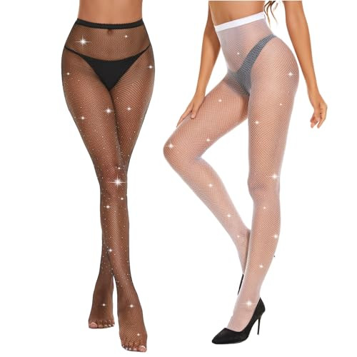 Century Star 2 Pairs Fishnet Stockings Sparkle Tights Glitter Sexy High Waist Rhinestone Pantyhose Sparkly Tights for Women Black&White One Size | Amazon (US)