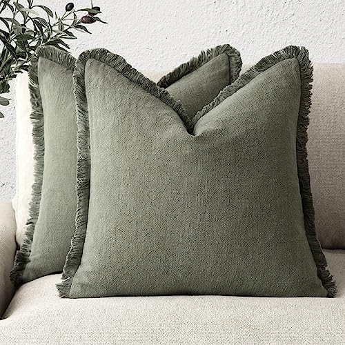Foindtower Set of 2 Decorative Linen Fringe Throw Pillow Covers Cozy Boho Farmhouse Cushion Cover with Tassels Soft Accent Pillowcase for Couch Sofa Bed Living Room Home Decor,18×18 Inch,Olive Green | Amazon (US)