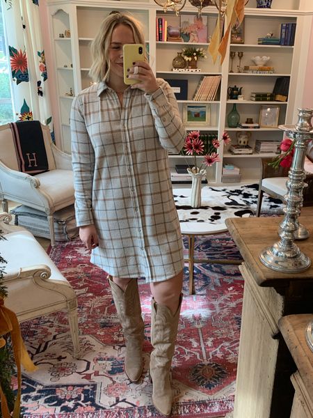 Fall outfit - faherty sweater dress and western boots

plaid / plaid dress / flannel dress / knee high boots / western boots / tecovas / tall western boots / suede boots 

#LTKstyletip #LTKGiftGuide