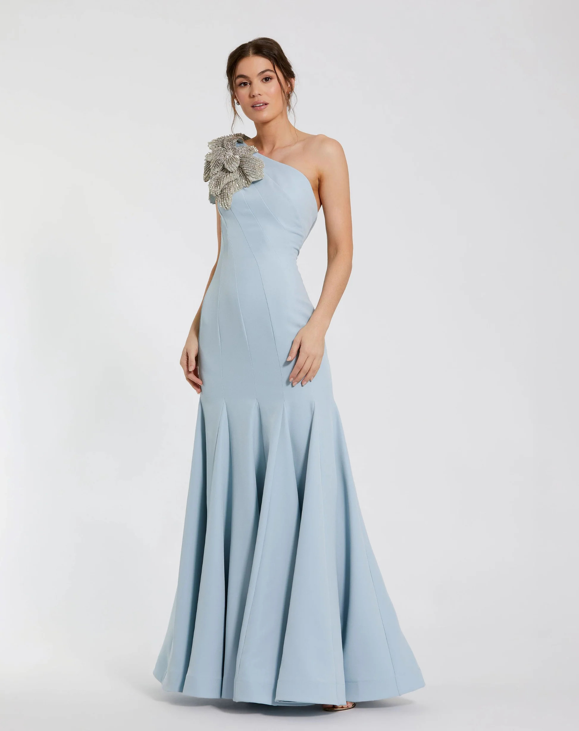 Black Crepe One Shoulder Gown With Crystal Flower - Mac Duggal | Mac Duggal