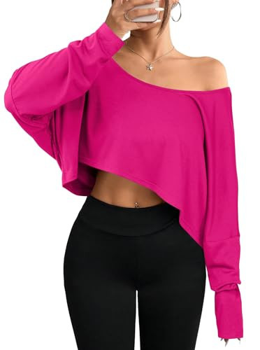 Women's Off Shoulder Long Sleeve Crop Top Loose T Shirt Hot Pink X-Small | Amazon (US)