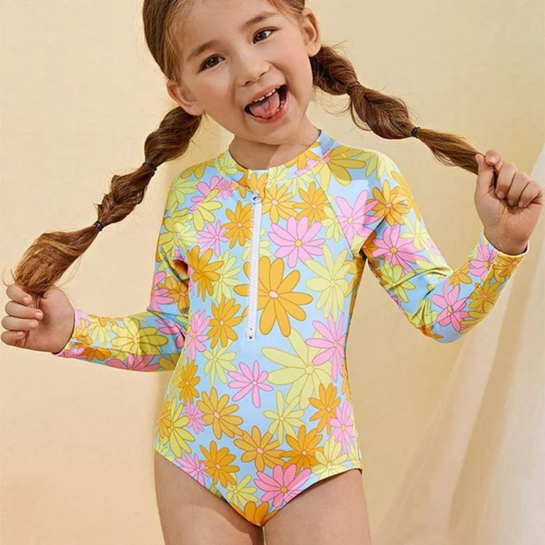 Baywell Baby/Toddler Girl Swimsuit Rashguard Long Sleeve One-Piece Swimwear Yellow 2-6T | Walmart (US)