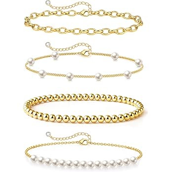 Gold Pearl Beaded Bracelet for Women, 14K Gold Plated Jewelry Set With Paperclip Link Chain, Tren... | Amazon (US)
