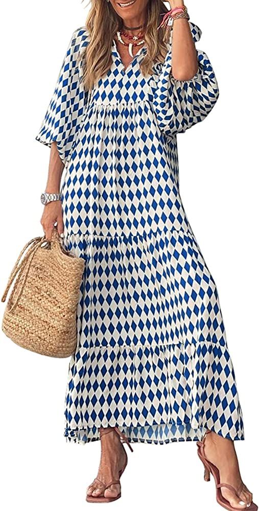 miduo Womens Loose Fit Casual Summer V Neck Half Sleeve Bohemian Geometric Pattern Maxi Long Dres... | Amazon (US)