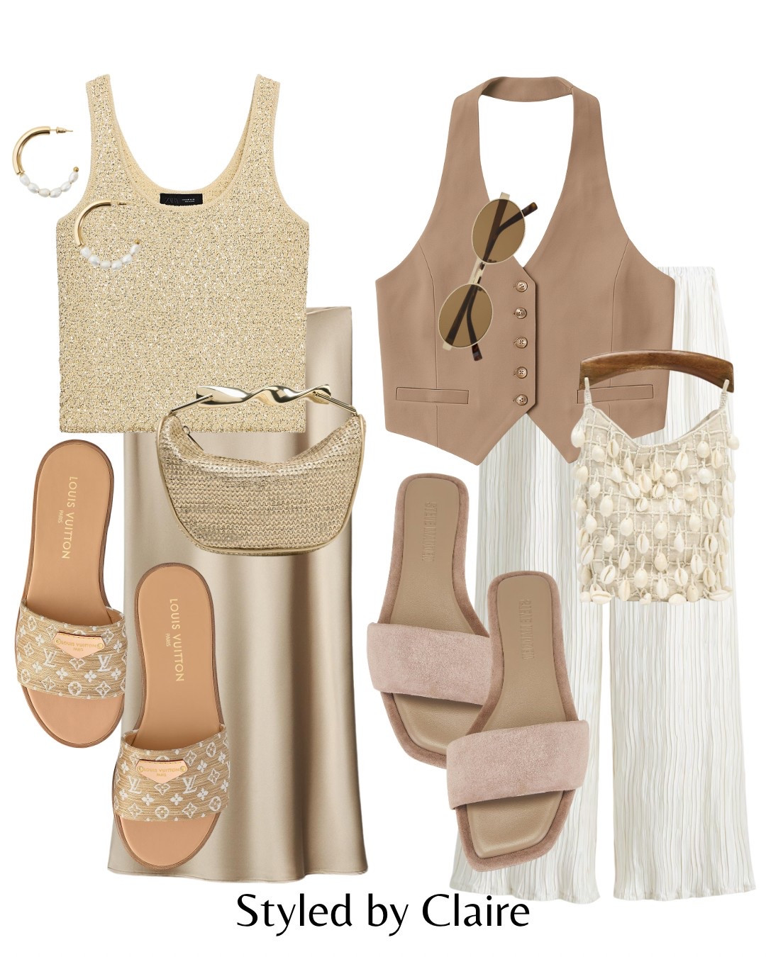 Golden Hour Outfits✨
Tags: Zara sequin tank top satin skirt champagne clutch bag gold sliders sandals Louis Vuitton waistcoat taupe crinkle trousers H&M suede Steve Madden flats shell mini bag fashion summer inspo outfit ideas holiday vacation Dubai Barcelona st tropez Cannes chic women’s date night style revolve luxury modest special occasionn

#LTKstyletip #LTKpartywear #LTKsummer