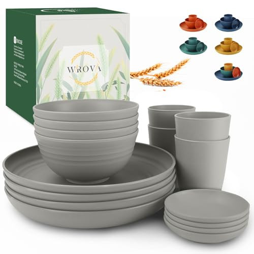 Wrova Wheat straw plates and bowls sets of 16 - Unbreakable wheat straw dinnerware sets for party - Alternative plastic dinnerware set for camping,party and R.V. Grey | Amazon (US)