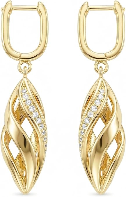 14k Yellow Gold Dangle Drop Earrings for Women, Willow Leaf-Inspired Twisted Hollow CZ Hoop Earri... | Amazon (US)
