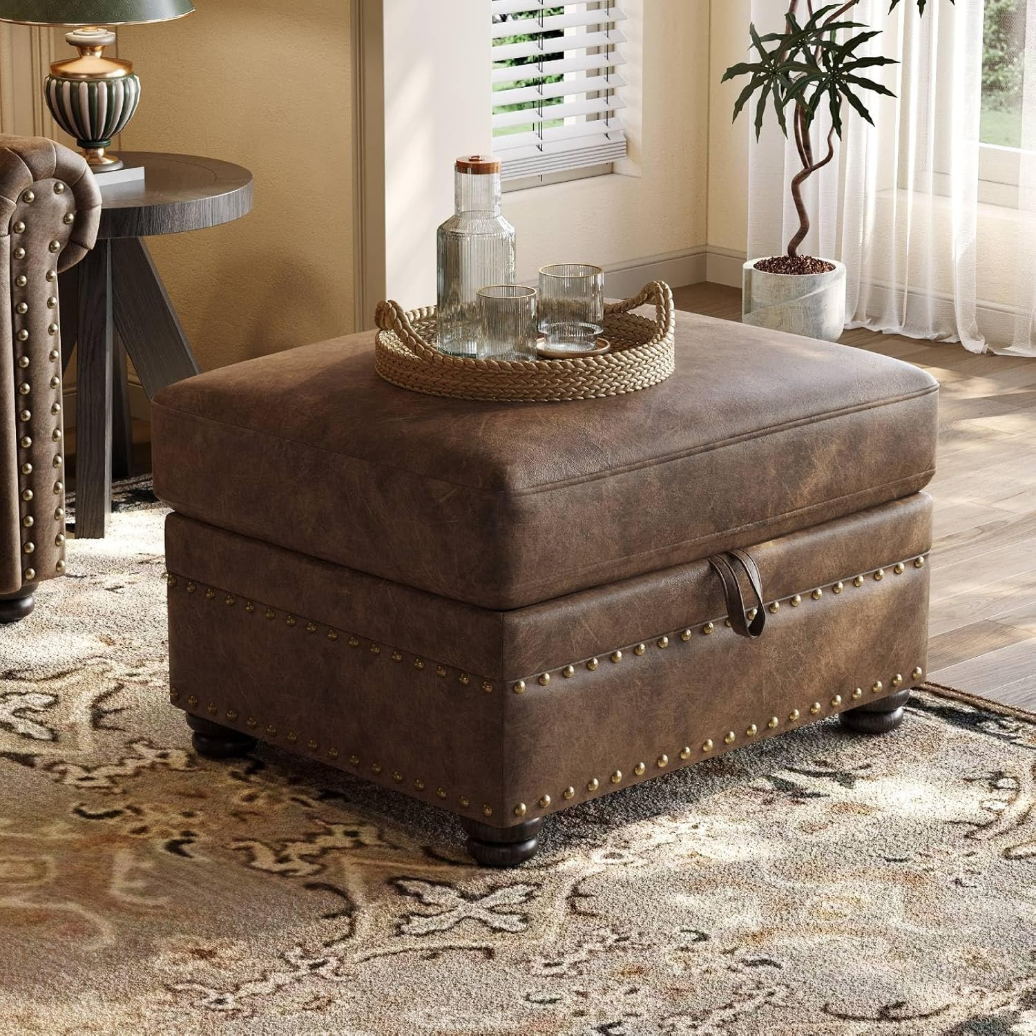 Faux Leather Ottoman with Storage, Rectangle Ottoman Coffee Table with Nailhead Trim, Solid Wood ... | Amazon (US)
