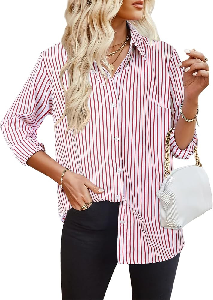 HOTOUCH Womens Striped Button Down Shirts Collared Shirt Casual Long Sleeve Business Office Work ... | Amazon (US)