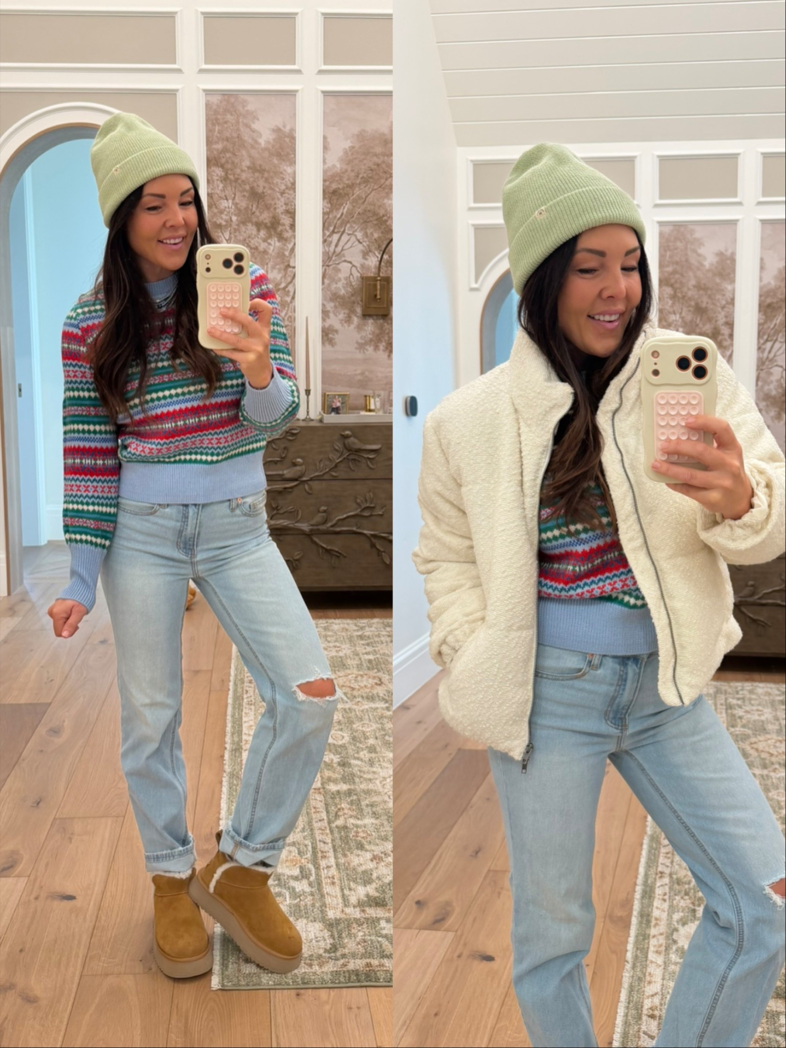 Affordable winter and holiday finds that are dang cute and warm. 
Boucle white puffer coat
Colorful holiday sweater 
Straight leg jeans 
Platform shearling boots 
Beanies 

#LTKSaleAlert #LTKHoliday #LTKGiftGuide