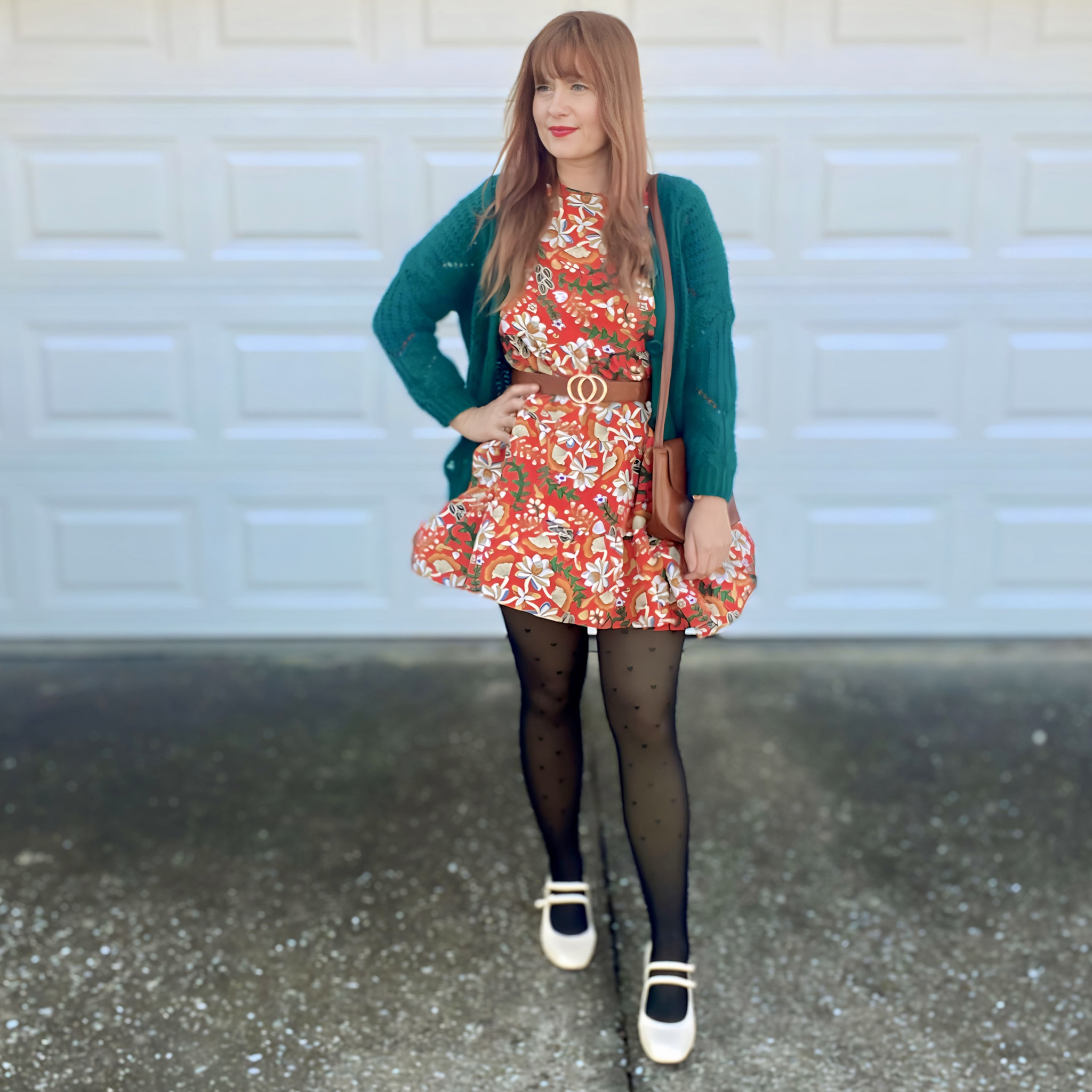 Floral dress 
Green cardigan 
White Mary Jane’s 

#shein 

#LTKstyletip #LTKover40 #LTKmidsize