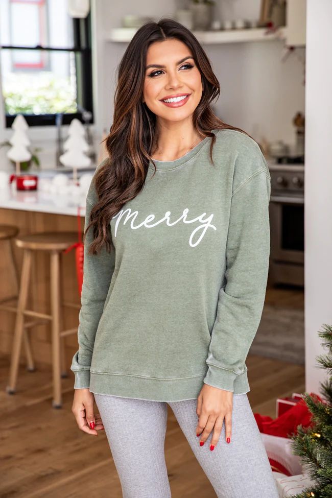 Merry Script Olive Graphic Sweatshirt | Pink Lily