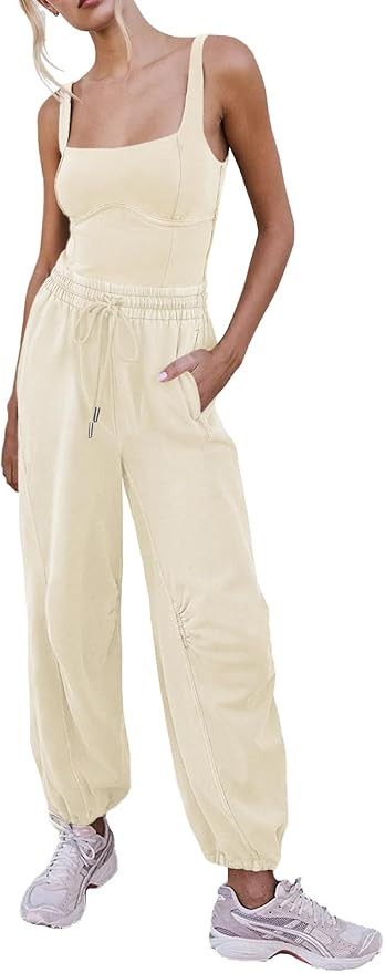 Women's Sleeveless Summer Jumpsuit Square Neck Drawstring Waist Long Romper Jumpers 2025 with Poc... | Amazon (US)