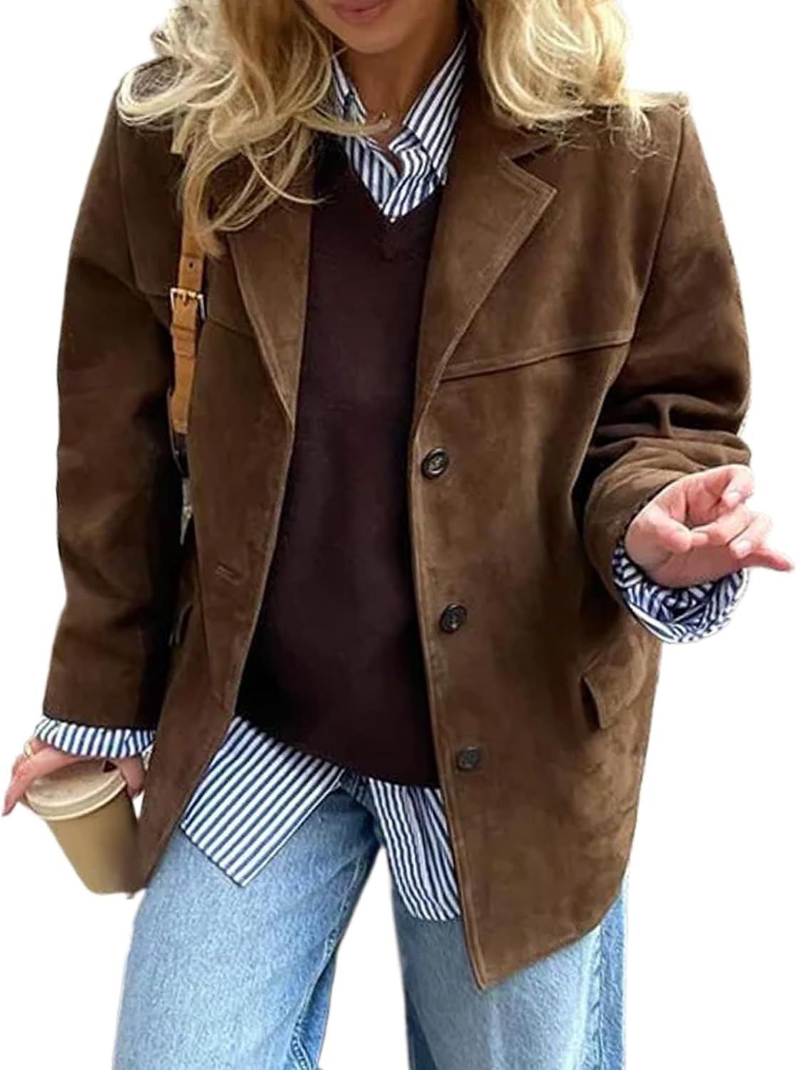MANGMAO Suede Jacket Y2k Outerwear Brown Faux Leather Jacket Women Fall Fashion 2024 Trendy Old Money Oversized Blazers | Amazon (US)