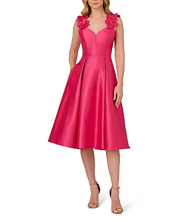 Adrianna Papell Sweetheart Neck 3D Floral Strap Mikado Fit Flare Midi Dress - 10 | Dillard's