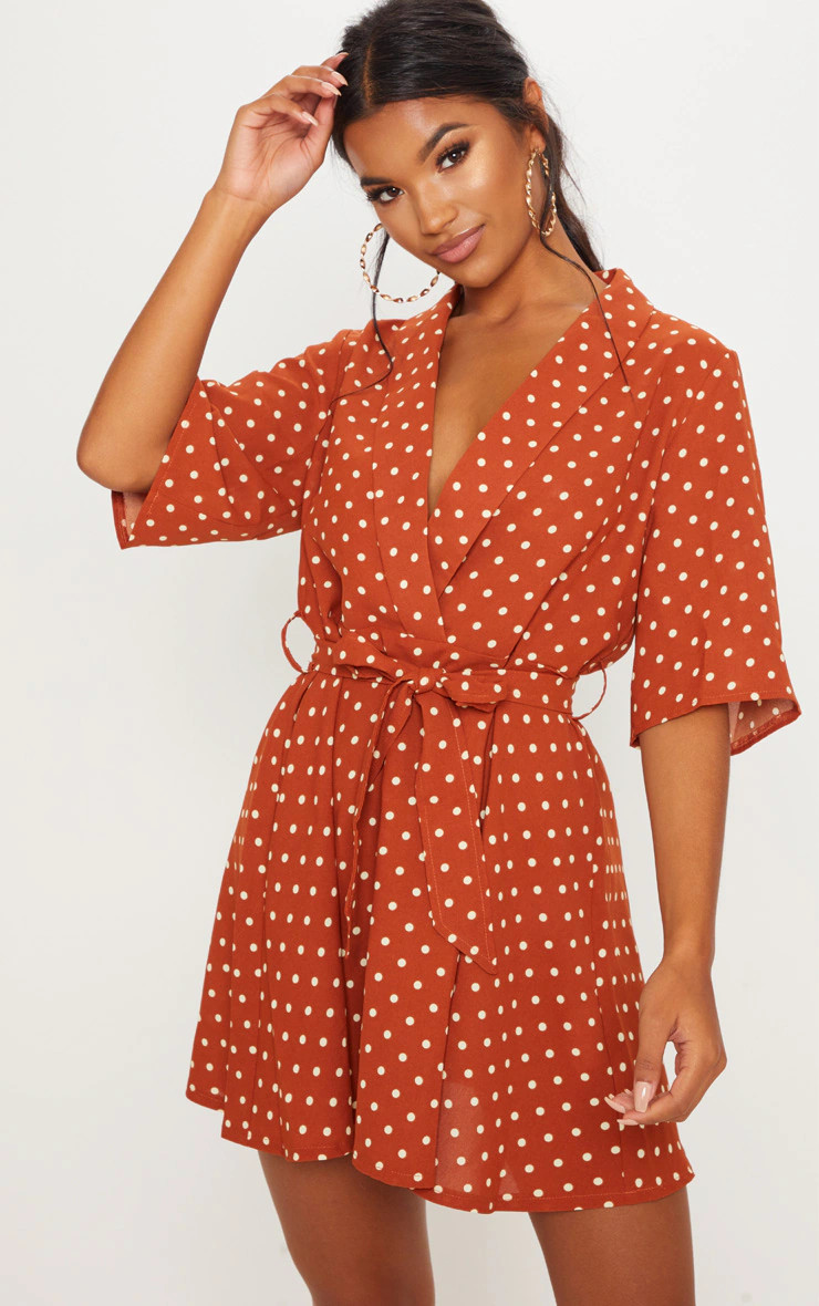 Terracotta Polka Dot Tea Dress | PrettyLittleThing US