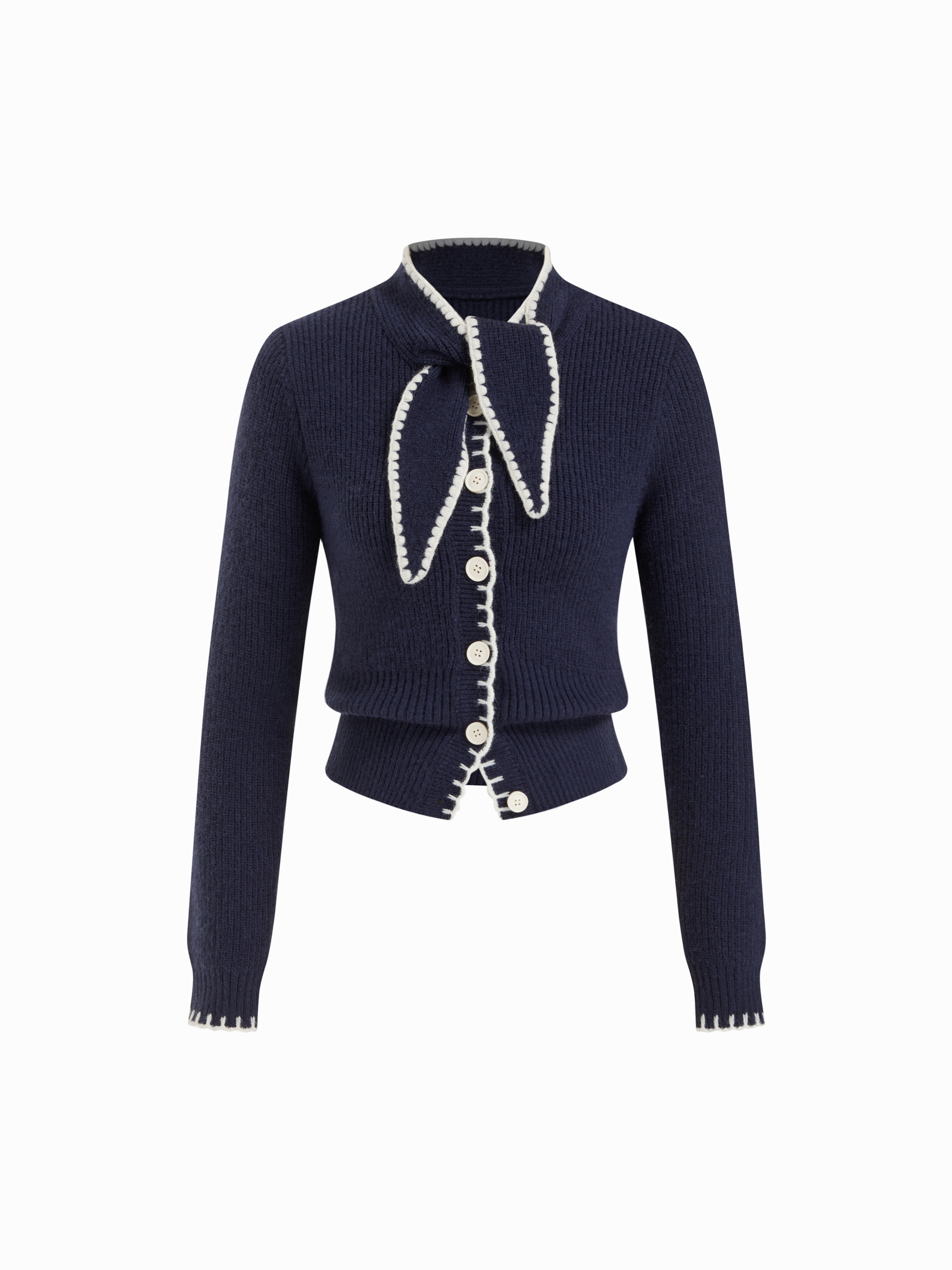 Knit Fabric Knit Stand Collar Bowknot Contrasting Binding Long Sleeve Cardigan For Daily Casual W... | Cider