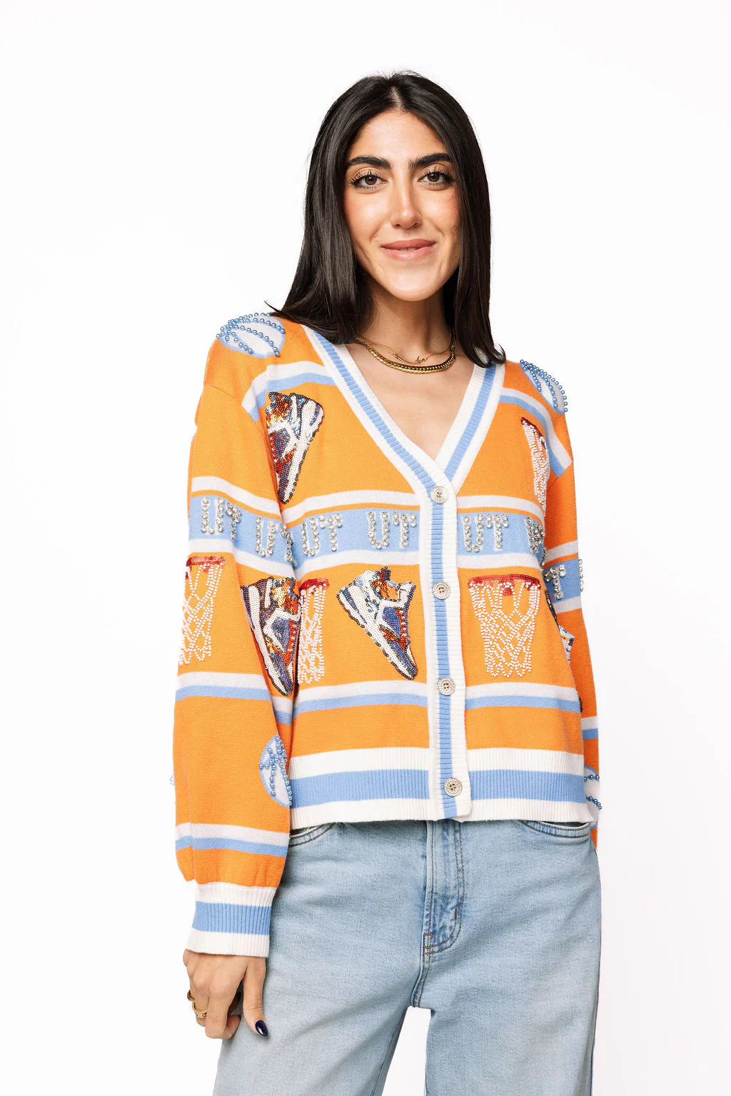 Licensed Tenn Striped Basketball Rhinestone Icon Cardigan | Queen of Sparkles