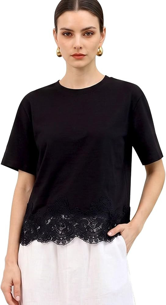 CHICWISH Women Embroidered Lace Hem Panel T-Shirt Casual Cotton-Blend Top | Amazon (US)