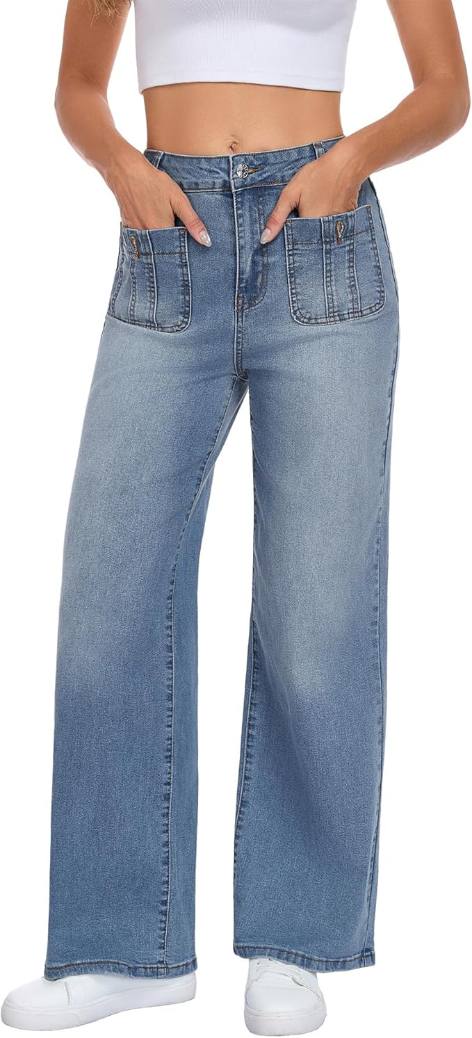 MARIASHA Wide Leg Jeans for Women, High Waist Stretchy Baggy Jeans, Blue Washed Denim Pants with ... | Amazon (US)