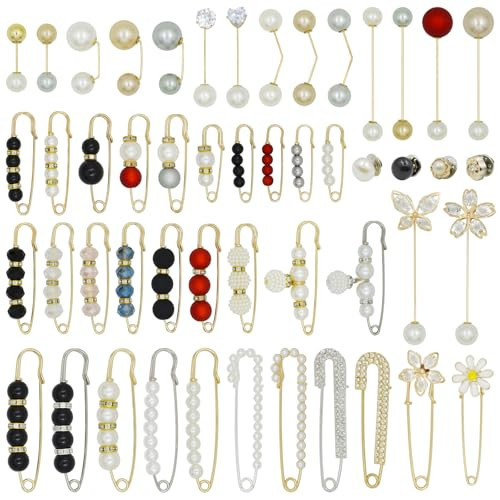 50 Pcs Brooch Pins Faux Pearl Brooch Sweater Shawl Hat Clip Neckline Pins Double For Women Shirts, Sweaters, Hats, Clothing Accessories, Pants Tighten Or Decoration | Amazon (US)