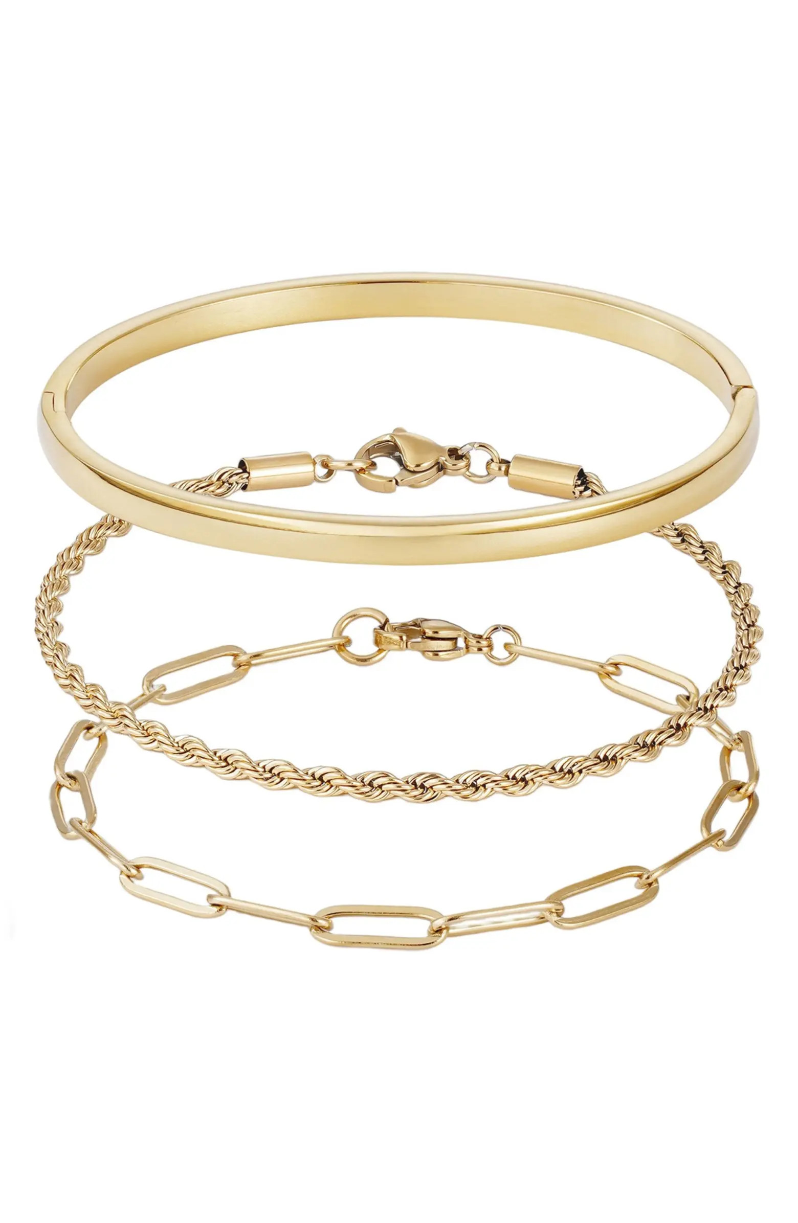 Set of 3 18K Gold Plated Stainless Steel Bracelets | Nordstrom Rack