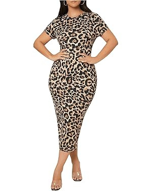 WDIRARA Women's Plus Size Leopard Print Dress Short Sleeve Split Back Bodycon Dress | Amazon (US)