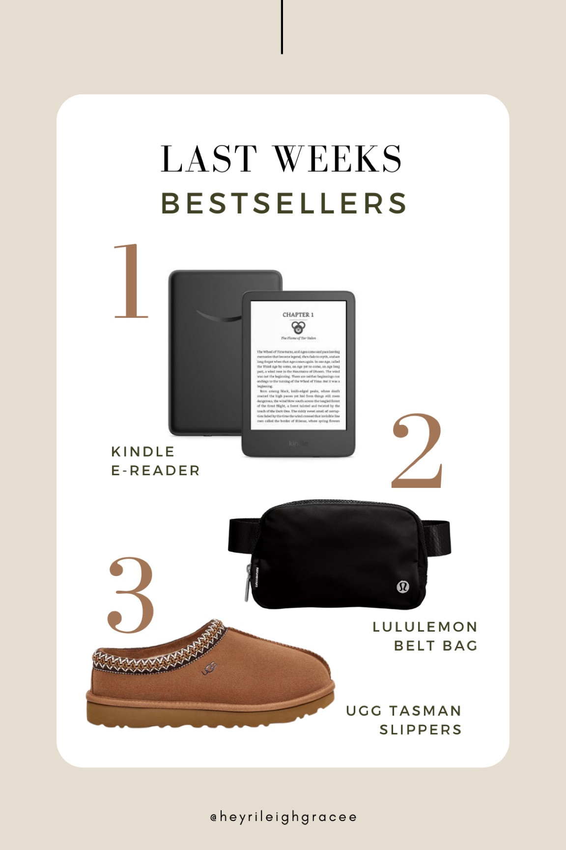 Your favorites from last week! 
1. Kindle e-Reader 
2. Lululemon Belt Bag 
3. Ugg Tasman Slippers 


#LTKGiftGuide #LTKSeasonal #LTKFind