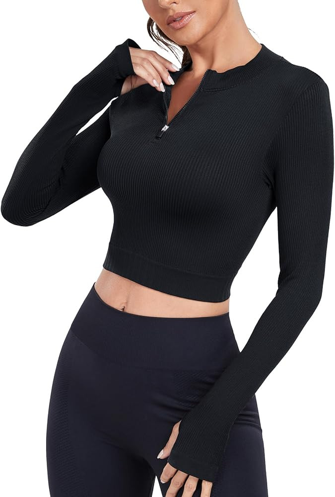 Women Long Sleeve Workout Shirts Half Zip Stand Neck Crop Tops Ribbed Seamless T-Shirt with Thumb... | Amazon (US)